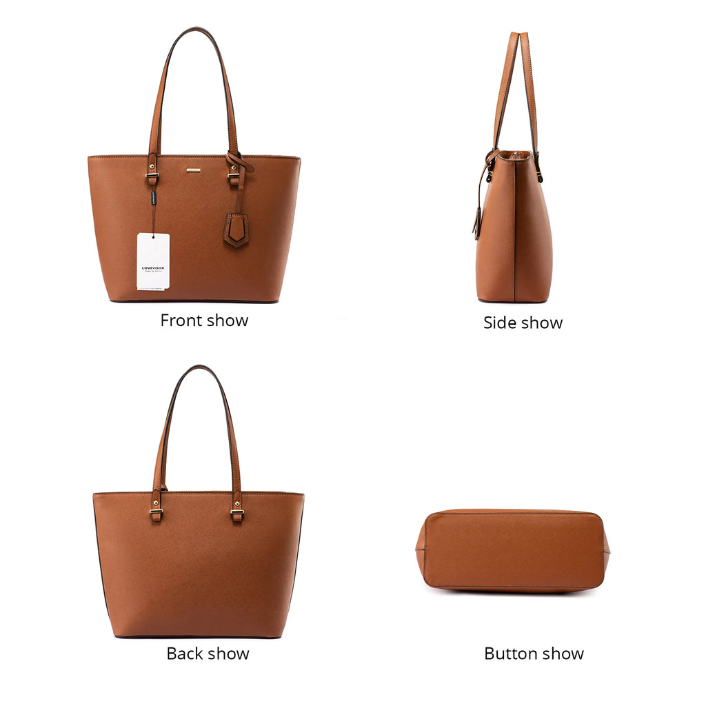 LOVEVOOK tan PU leather designer handbag with tote shoulder straps, gold hardware, and chic luggage tag detail.