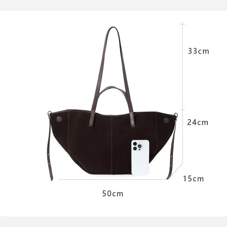 Dark brown vintage suede designer handbag with dual shoulder straps and dimension measurements.
