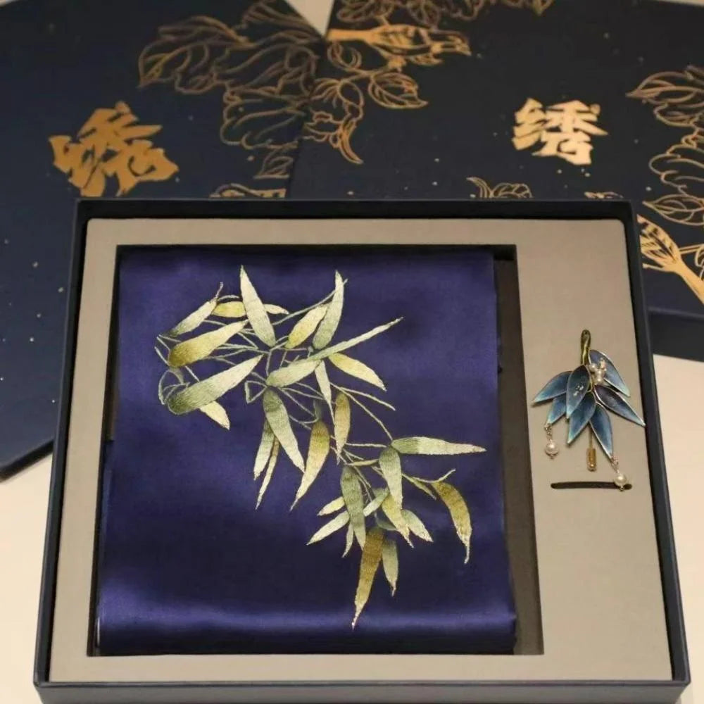 Classic Oriental Gift Set: Embroidered Silk Scarf with Brooch