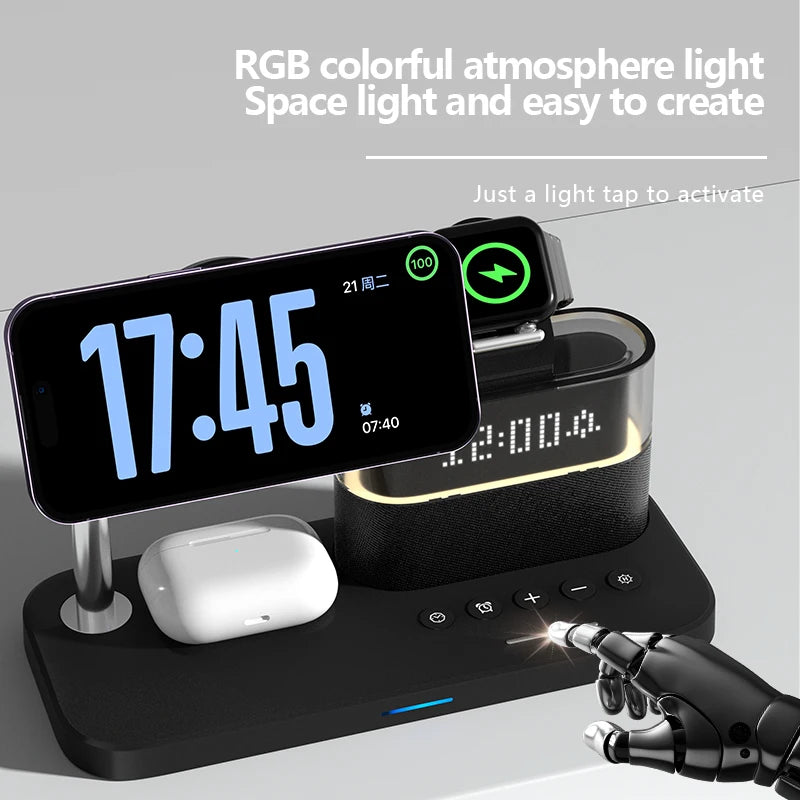 Smart Gedgets Desk Multifunctional Charger Station RGB 3 in 1 Wireless Charger Custom Logo With Night Light Digital Alarm Clock Tidesmit