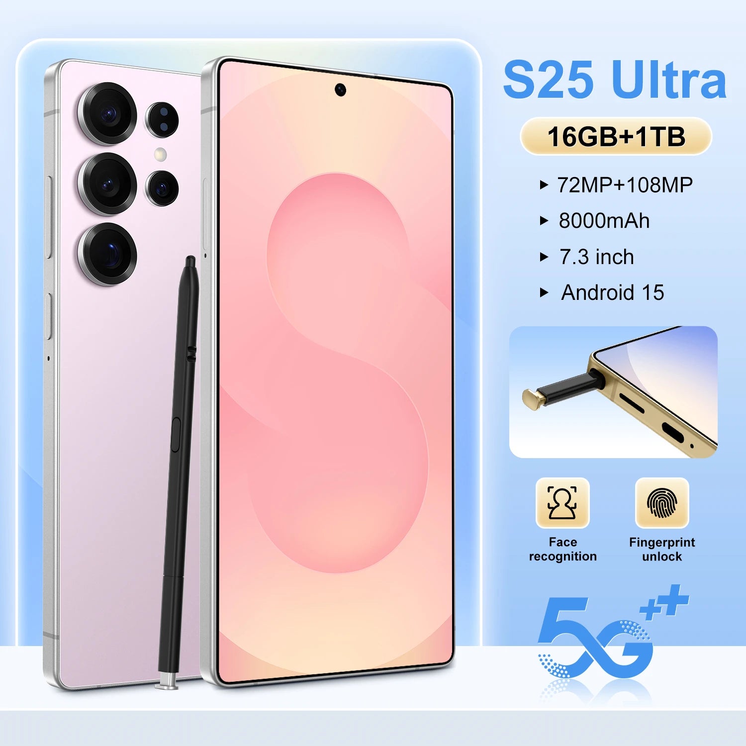 Tidesmit S25 Ultra 5G smartphone with 108MP camera, 7800mAh battery, and built-in pen in sleek modern design.
