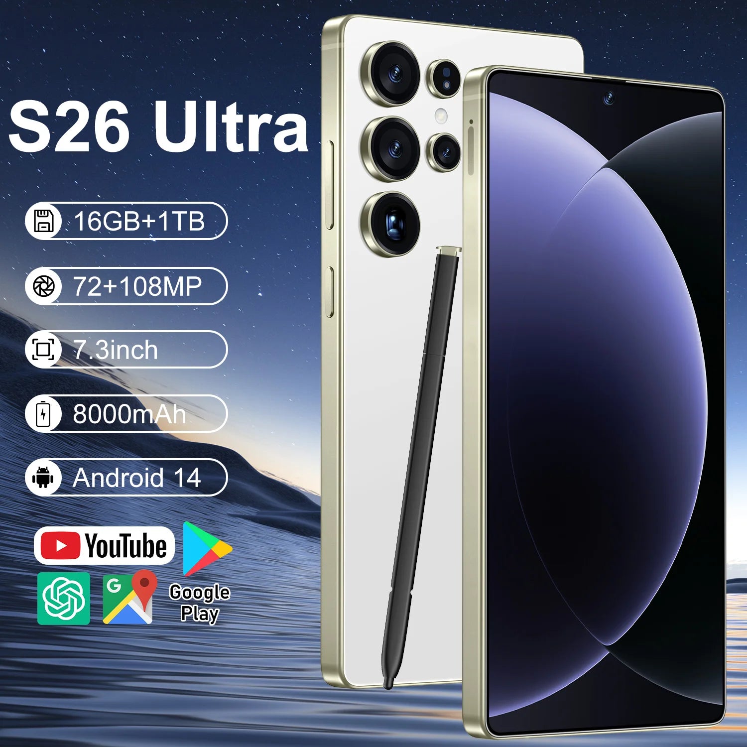 Brand new unlocked S26 Ultra 5G smartphone with 16GB RAM 1TB storage and 7.3 inch HD display for gaming