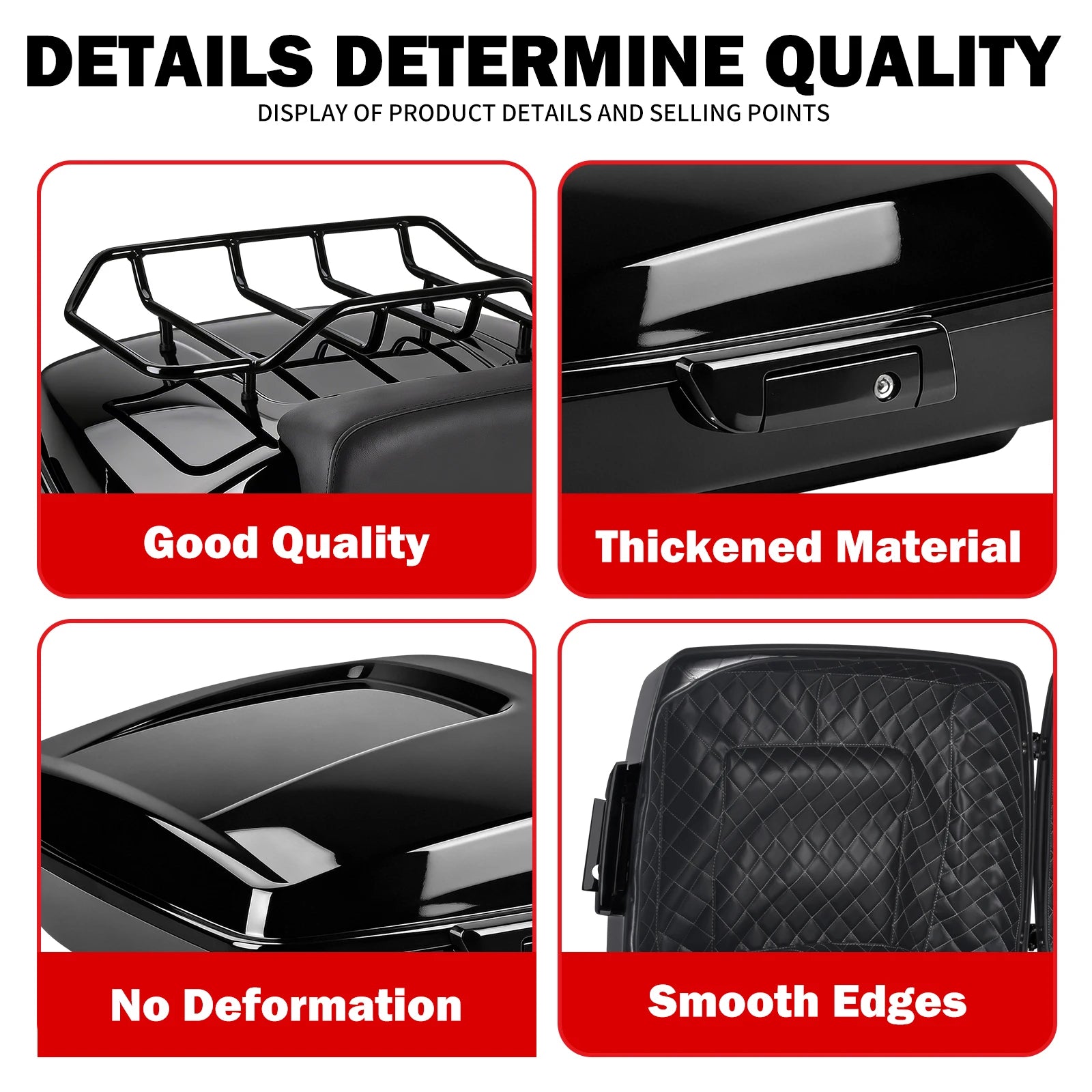 Black gloss Harley Tour Pack trunk with luggage rack, locking latch, and diamond-stitched interior for Touring models.