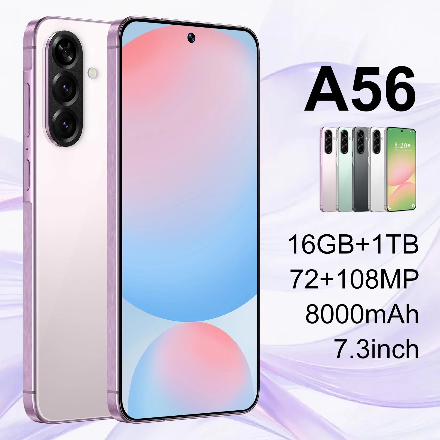 Tidesmit A56 5G smartphone with 7.3 inch HD screen, 108MP camera, Android 14, and octa core processor.