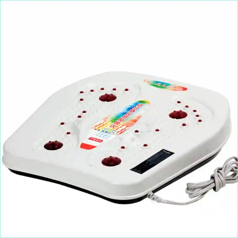 White electric foot massager with infrared heating, magnetic therapy nodes, and vibration for circulation relief.