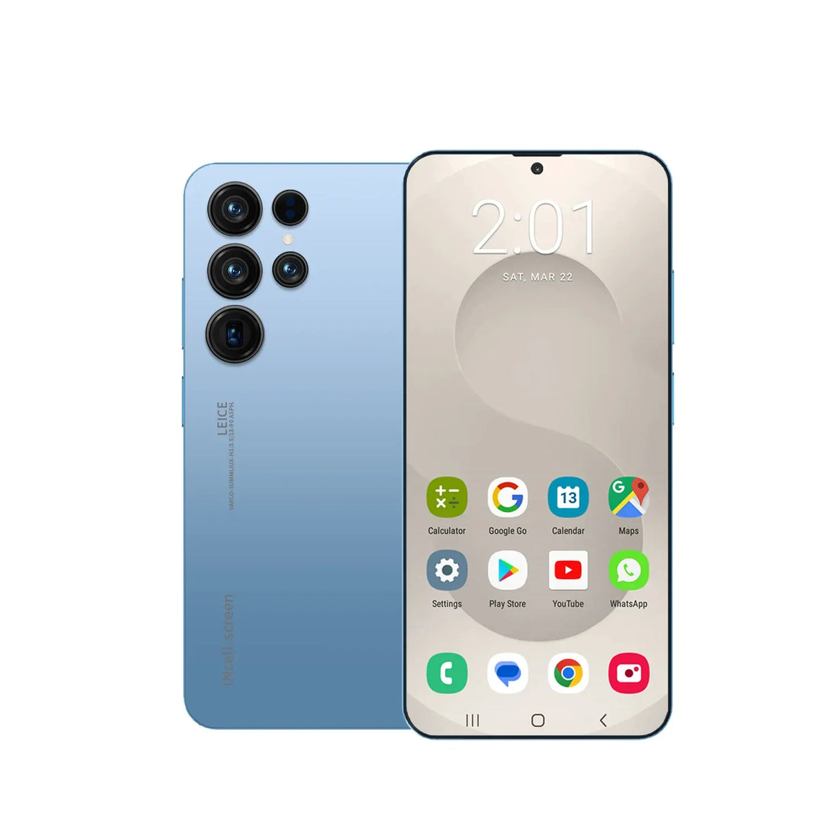 S26 Ultra 5G phone in light blue with front display and quad rear cameras.