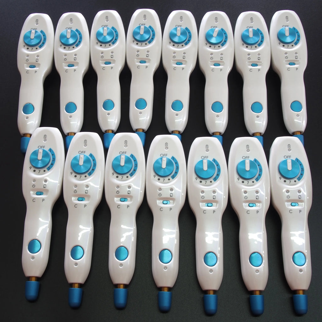 Group of white and blue wireless fibroblast plasma pens for acne, skin tag, and blemish removal on black background.