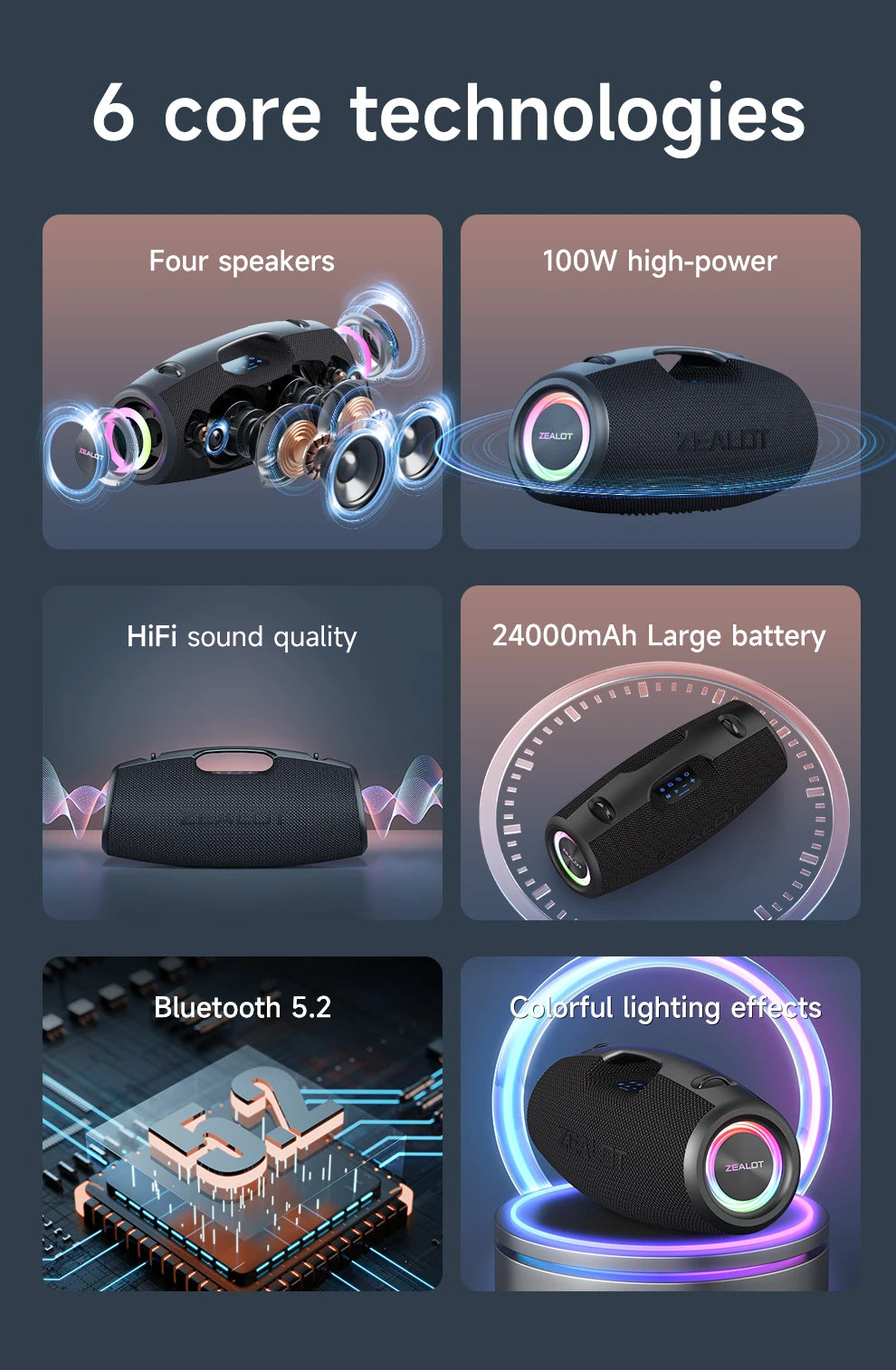 Zealot S78 Outdoors Party Speaker Professional Bluetooths 100W Bass Powered Portable Subwoofer Wireless LED Light Hifi Speaker My Store