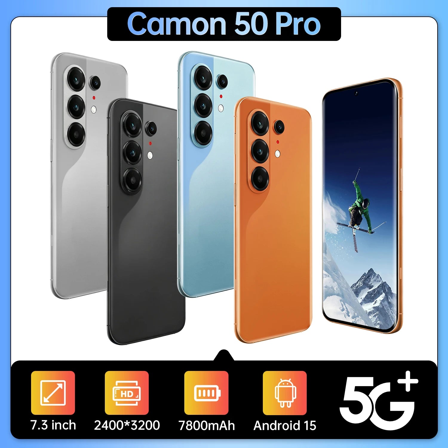 Camon 50 Pro 5G gaming smartphone with 7.3-inch micro curved screen, 16GB RAM and 1TB storage, side view.