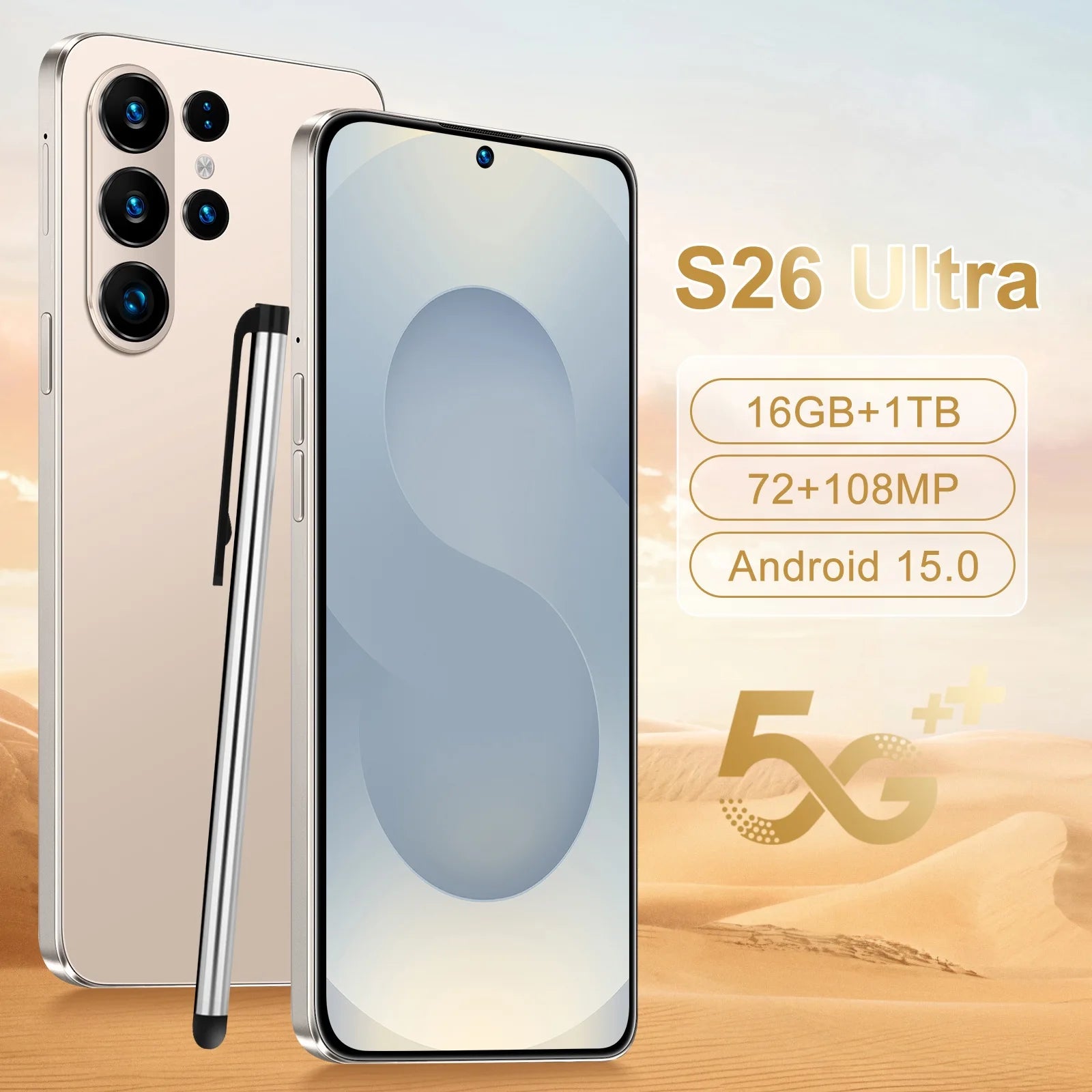 S26 Ultra 5G Smartphone 1TB 16GB RAM 7.3 Inch Display Golden 16g 1TB Tidesmit