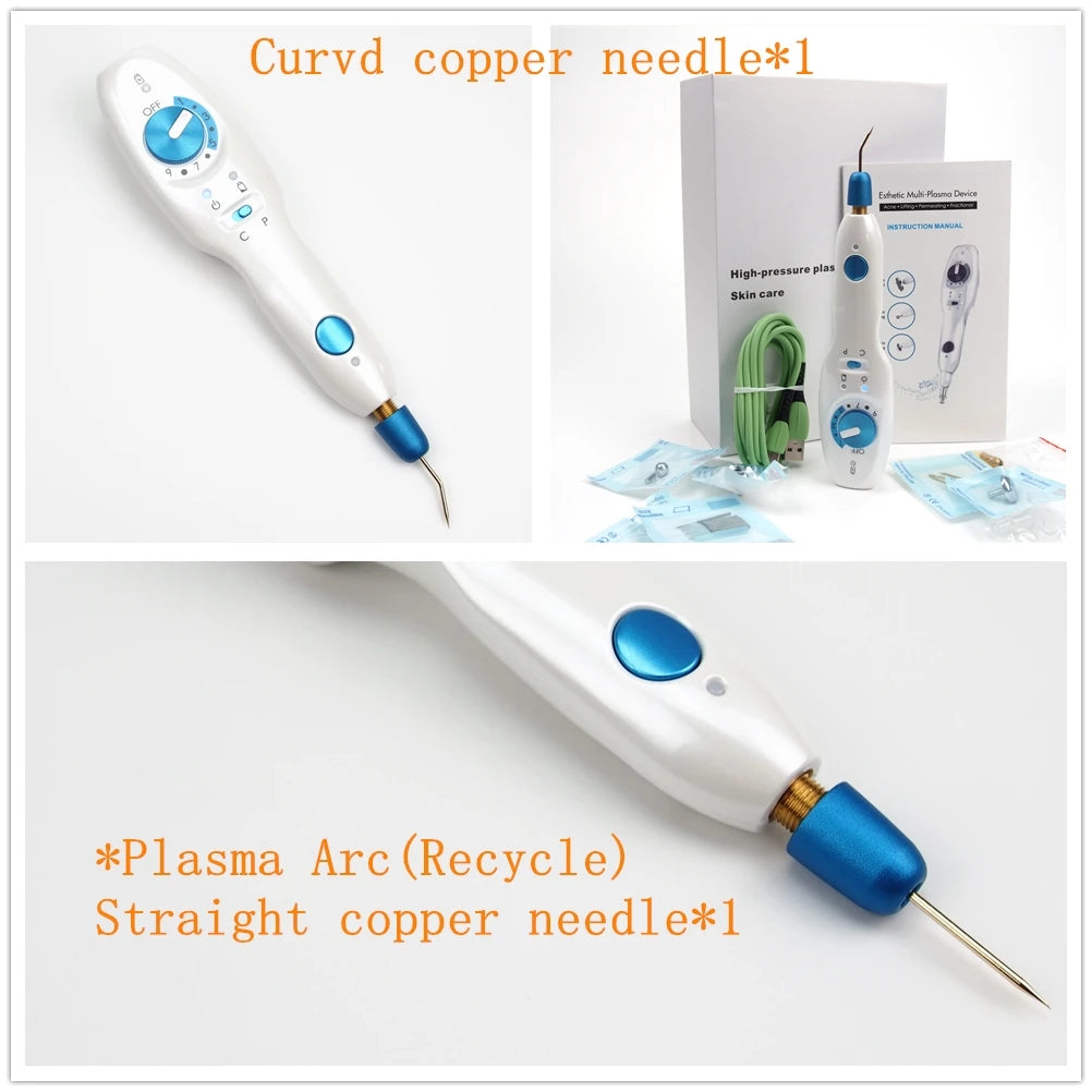 Plamax wireless cold plasma fibroblast pen with copper needles for skin tightening, acne, and blemish removal.