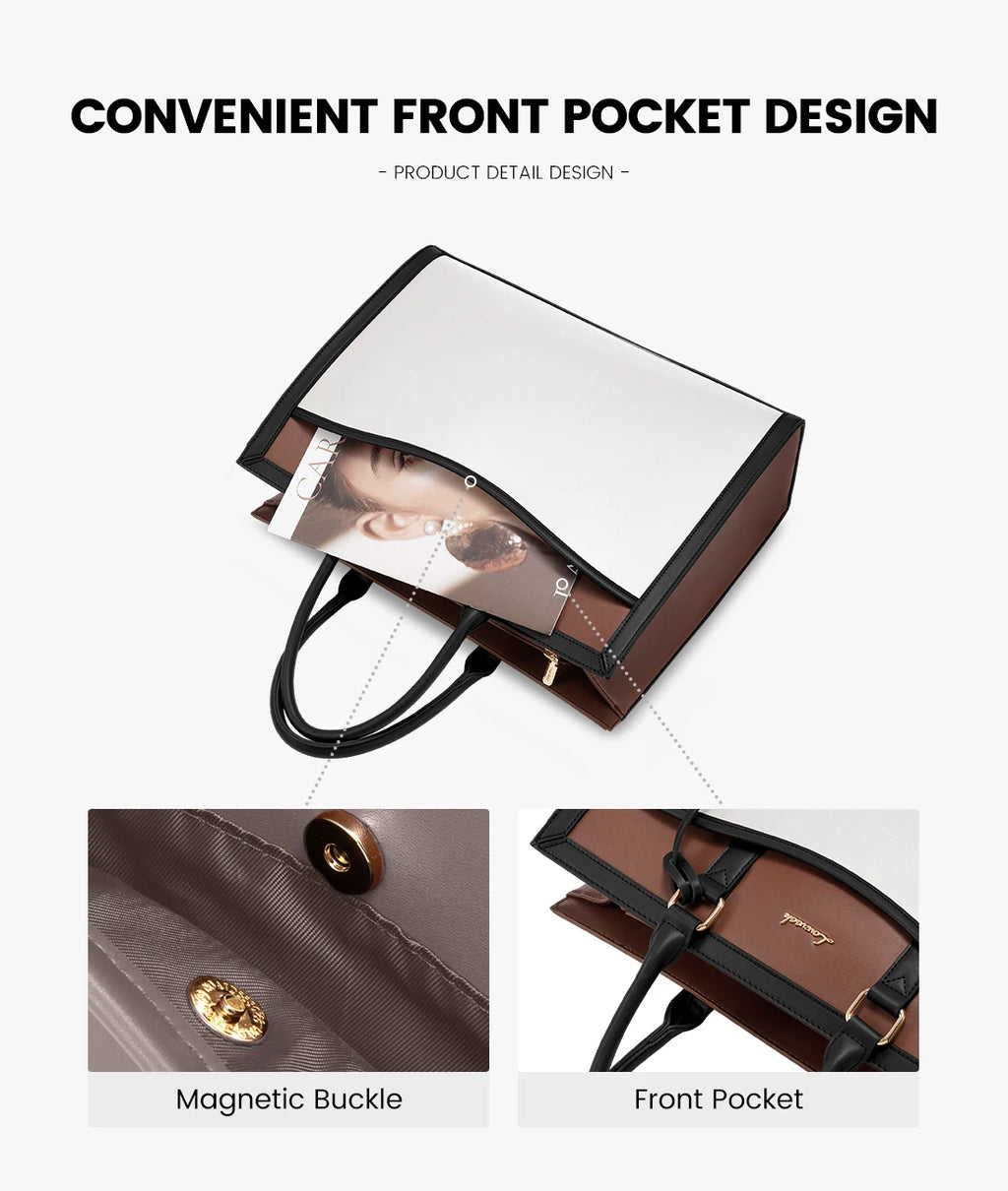 LOVEVOOK designer laptop tote with magnetic front pocket, white and brown leather finish, ideal for office or travel.