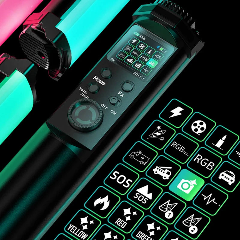 Handheld RGB LED light stick with a digital control screen, adjustment buttons, and color effect settings for
