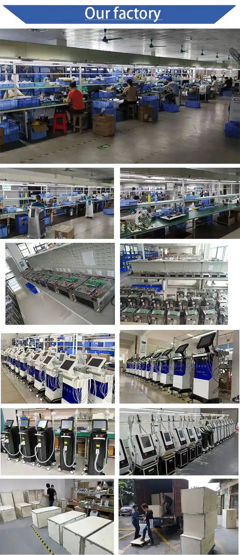 Factory assembly line manufacturing 6-in-1 cold plasma beauty equipment for skin cleaning and anti-aging treatments.