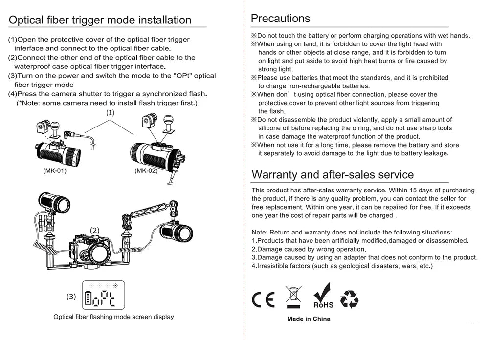 Instruction manual for optical fiber trigger mode installation for underwater photography strobe lights and camera.