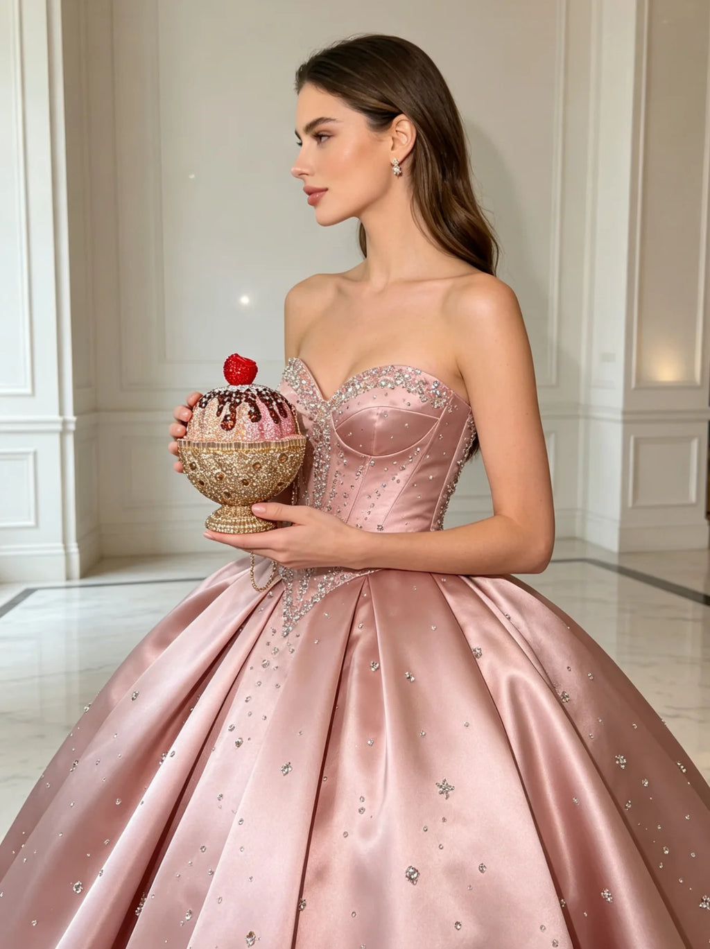 Crystal ice cream cup clutch bag with cherry topper, sparkly luxury evening purse for weddings or formal events.