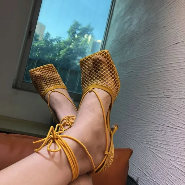 Ankle Strap Talon Haut 2022 Luxury Sexy Lace up Summer Mesh Sandals Square Toe Designer Shoes Women Heels