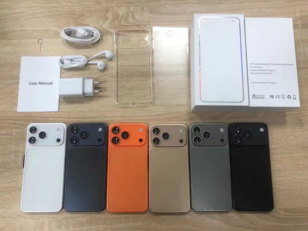 2025 I17 17 Pro Max 5G smartphone with 7.3 inch display, 108MP camera, and 1TB storage, side view.