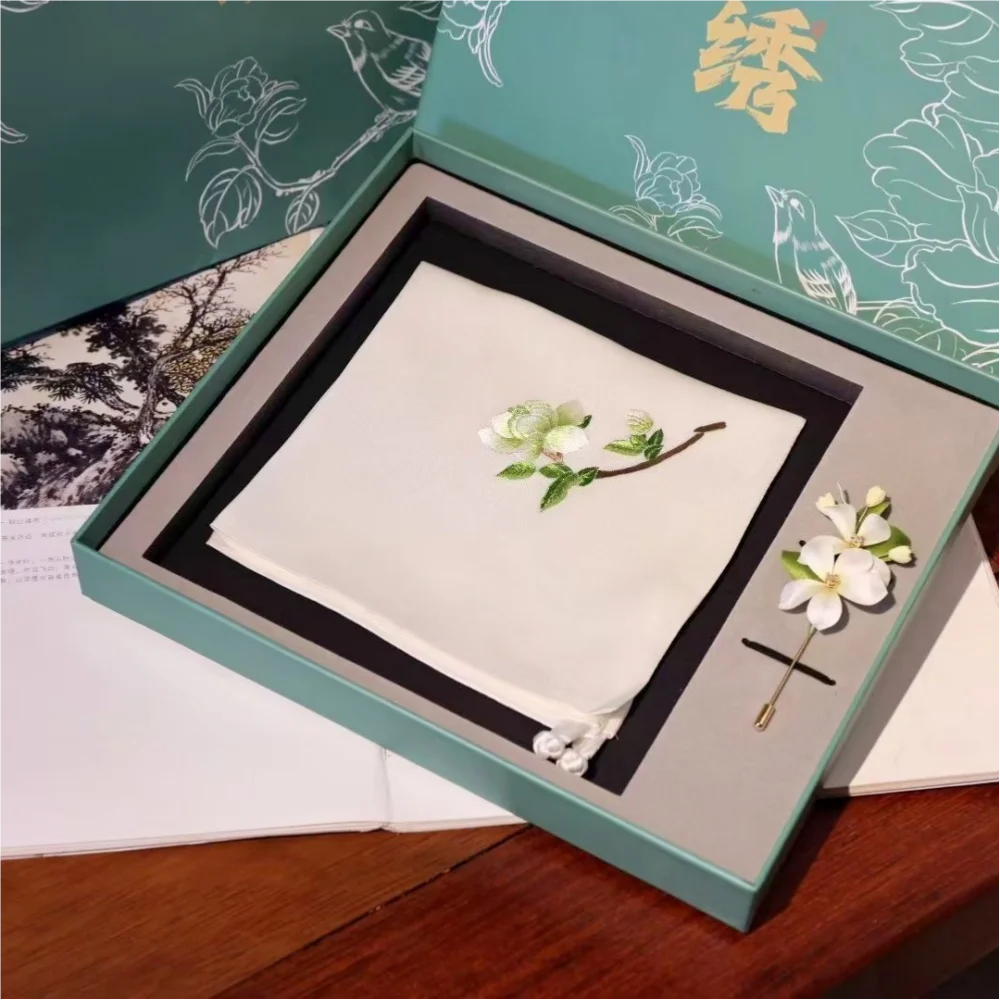 Unique Handcraft Embroidery Silk Scarf Souvenir Gift Brooch and Scarf Set