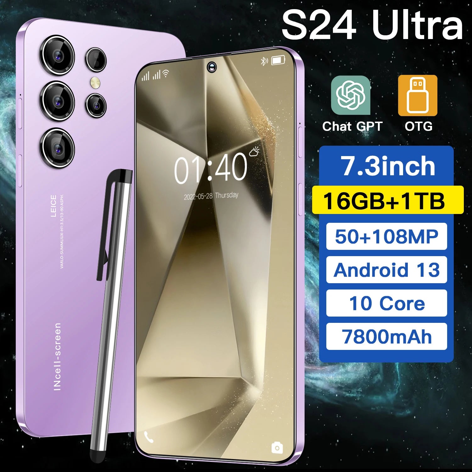 Tidesmit S24 Ultra 5G smartphone with 7.3 inch screen 16GB RAM and 108MP camera in sleek modern design