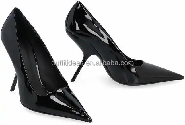 New Fashion Women Girls Shiny Patent Calfskin Pointy Toe Luxury Design Stiletto Heels Pumps Shoes in Genuine Leather Black Pumps