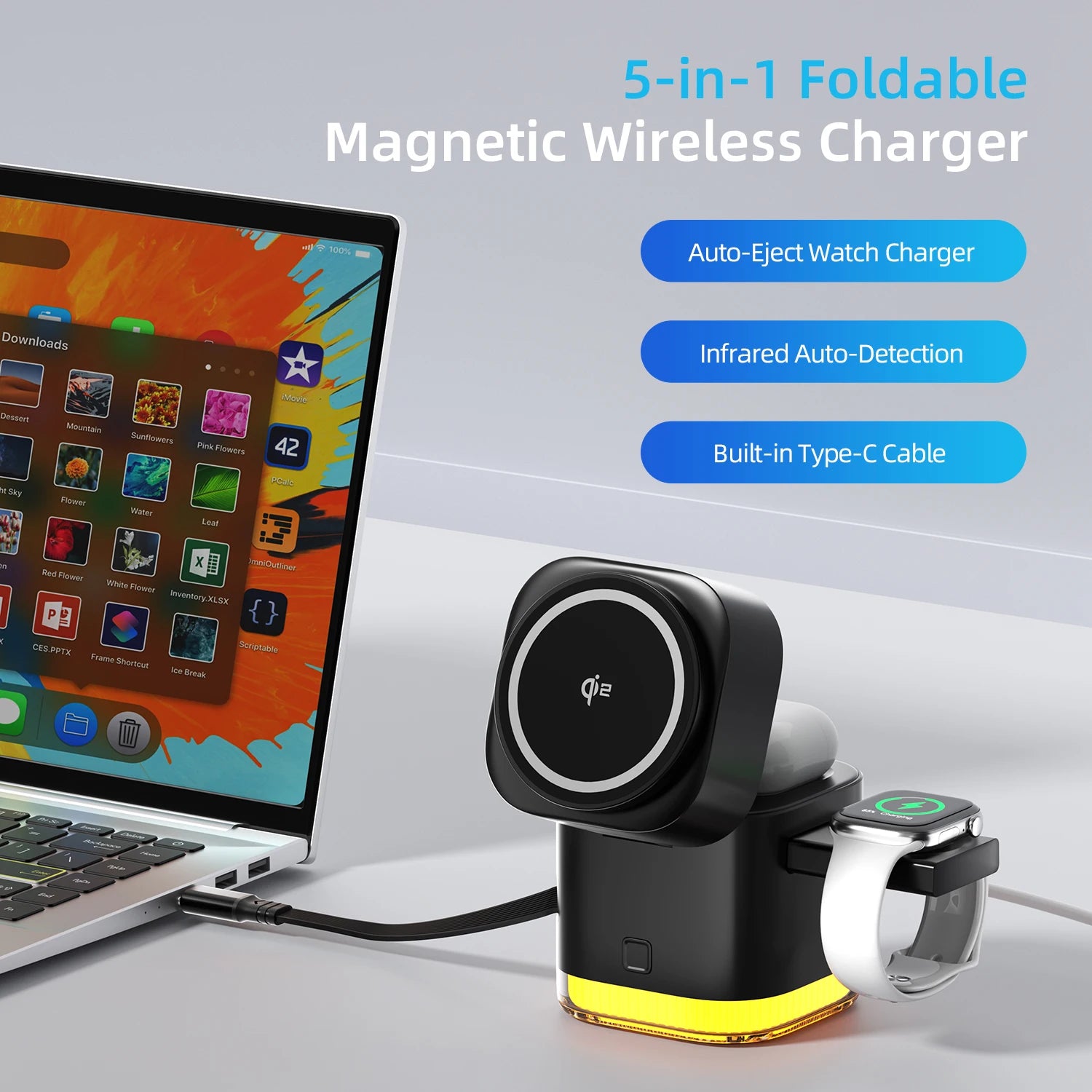 65W 5-in-1 Wireless Fast Charger Night Light Desk Table Charger Multifunction USB C Charging Docking Station Wireless Adapter Tidesmit