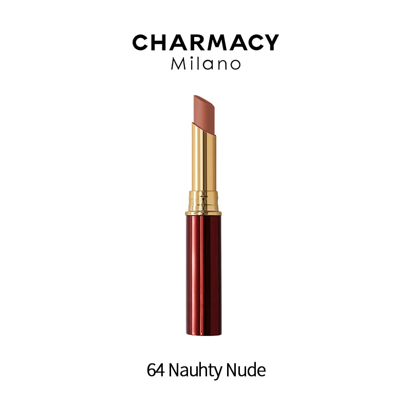 Charmacy long-lasting matte velvet lipstick in shade 64 Naughty Nude. Waterproof, smooth lipstick in gold red casing.