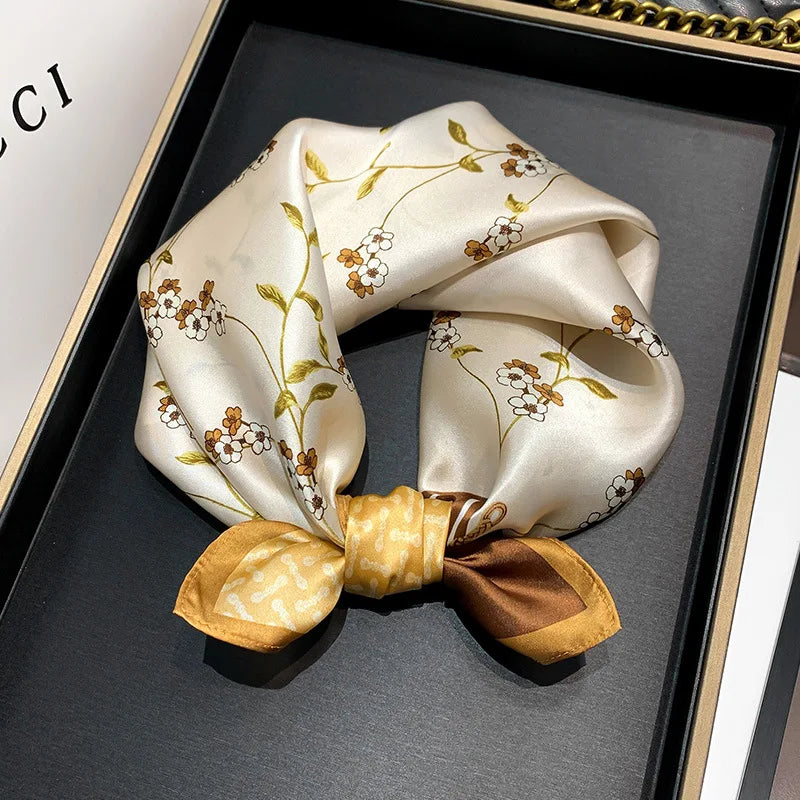 Women's Spring Autumn Mulberry Silk Square Scarf, Elegant Geometric Print, Soft & Smooth Neck Scarf