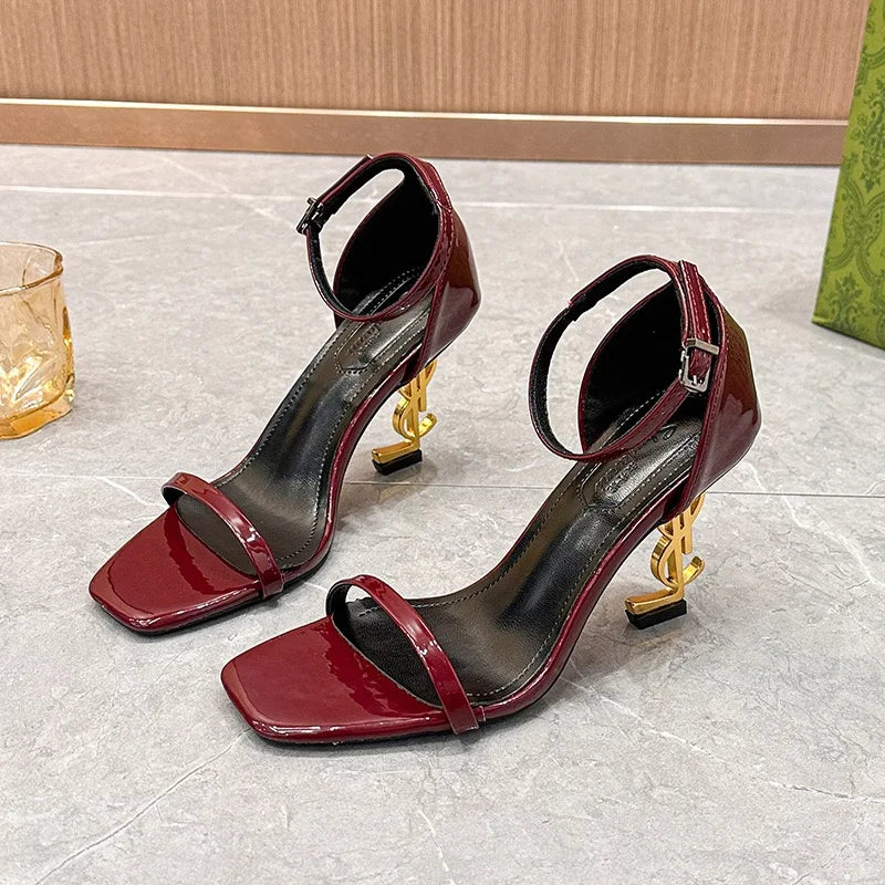 Women's Summer Pointed Toe Thick Heel Patent Leather High Heel Sandals Elegant Buckle Slip-On Hot Selling Fashion Trend