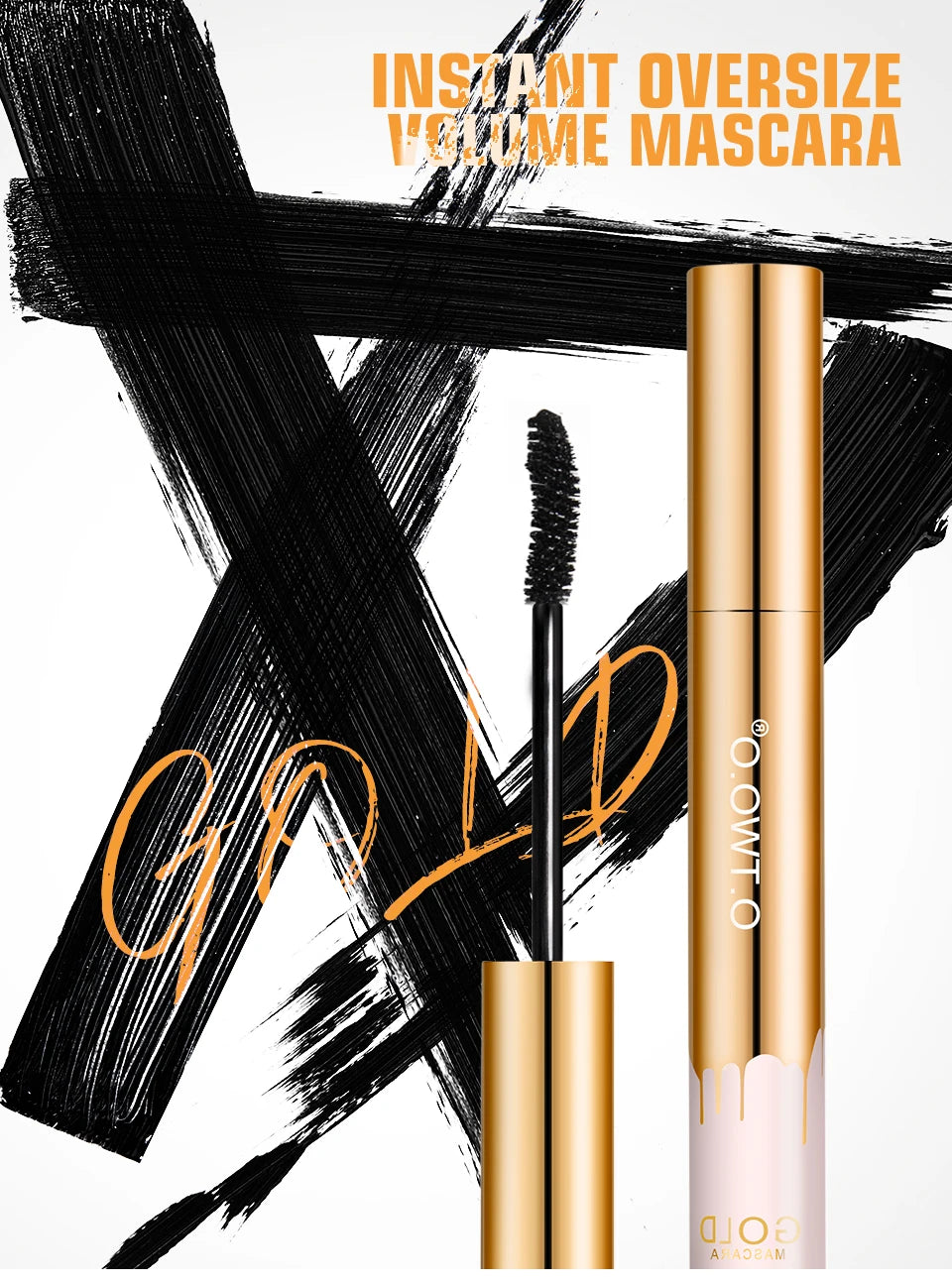 O.TWO.O 3D black lengthening mascara in gold metallic tube with applicator brush, featuring bold brush-stroke background.