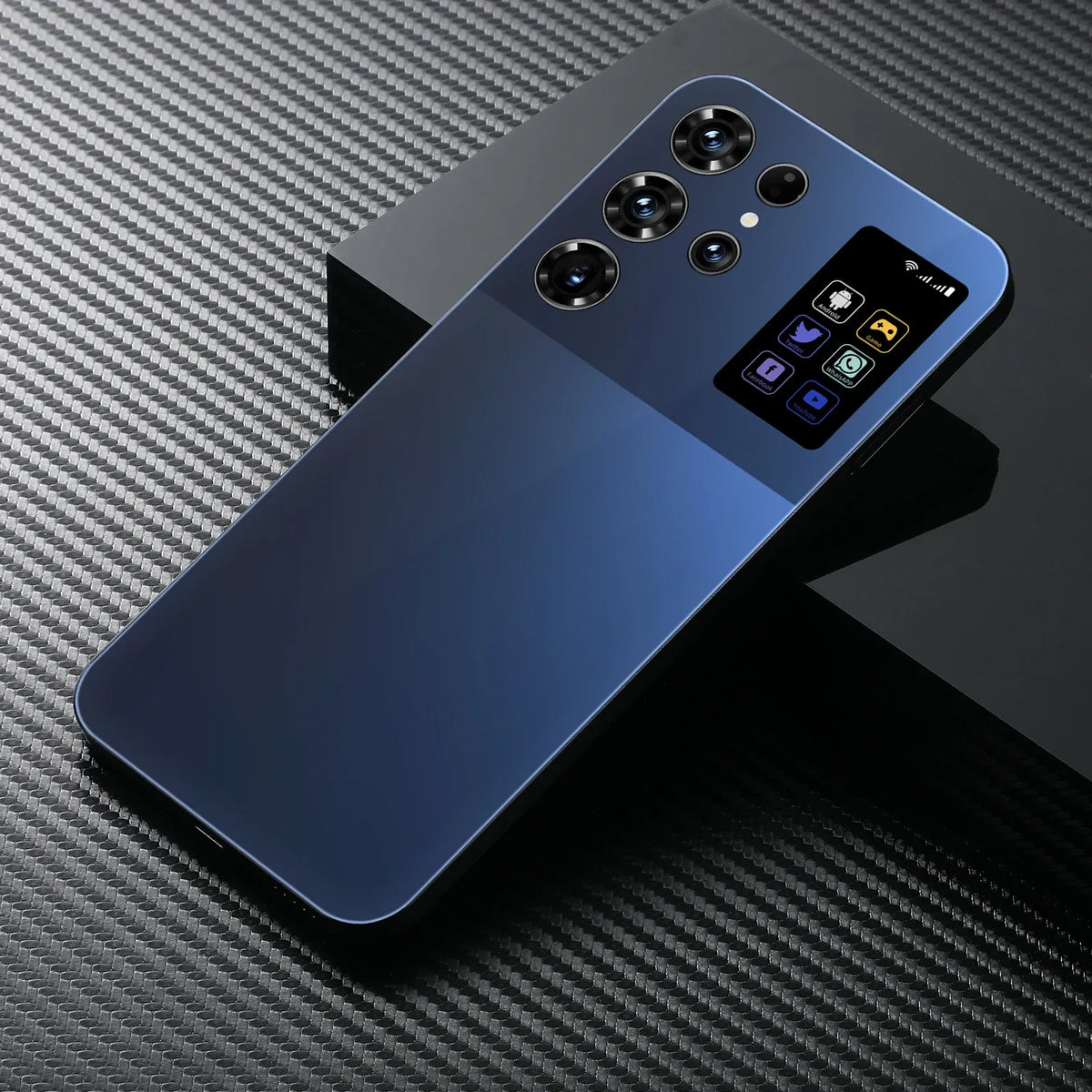 S26 Ultra smartphone back in deep blue with quad camera array and side label window