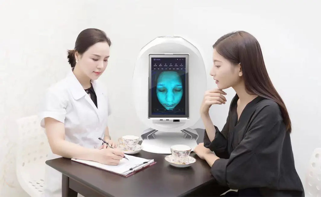 Smart facial skin analysis device with digital touchscreen scan, used by a professional for anti-aging consultation.