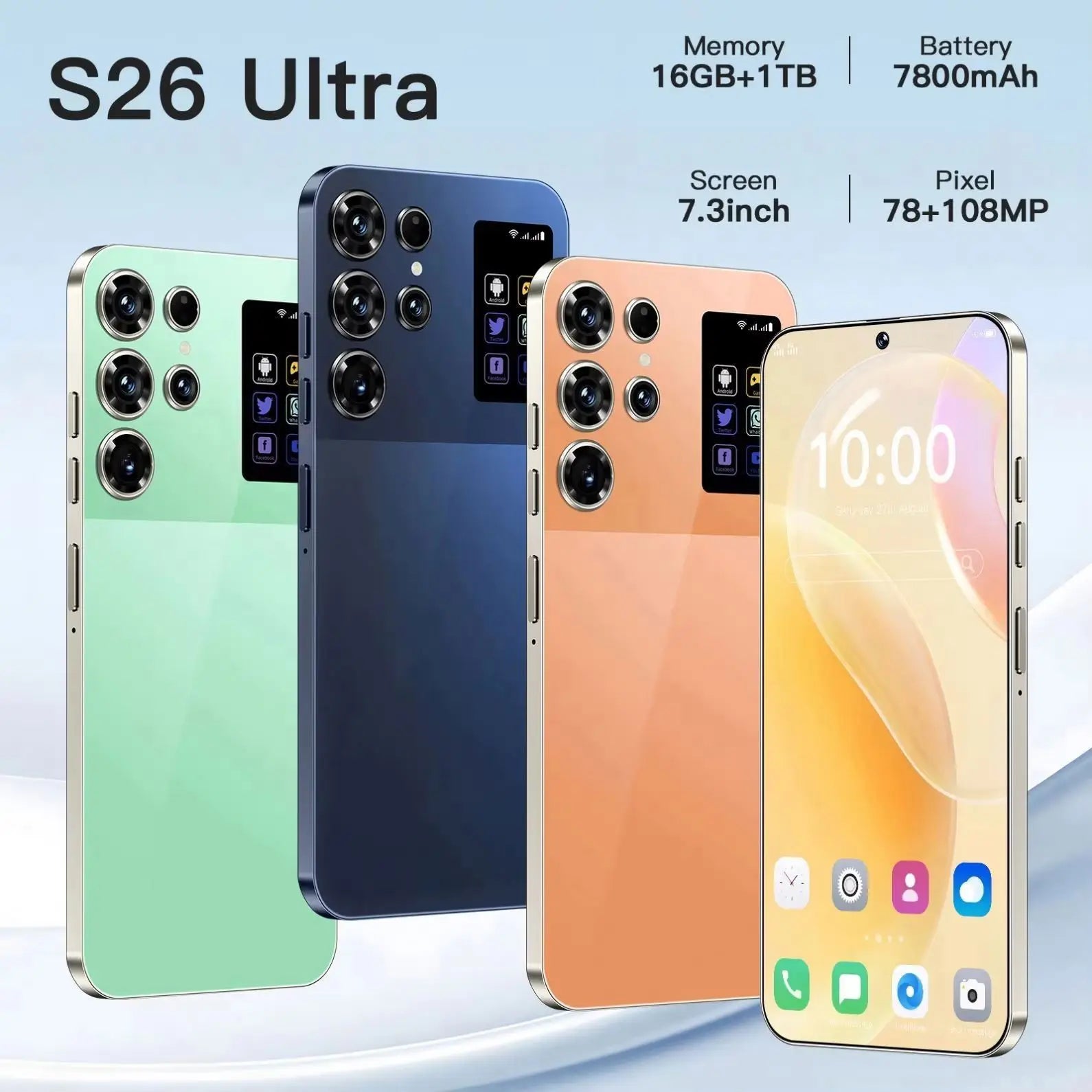 Tidesmit S26 Ultra 5G Android Smartphone with 12GB RAM, 512GB ROM, and 7.3 inch HD screen with stylus included.