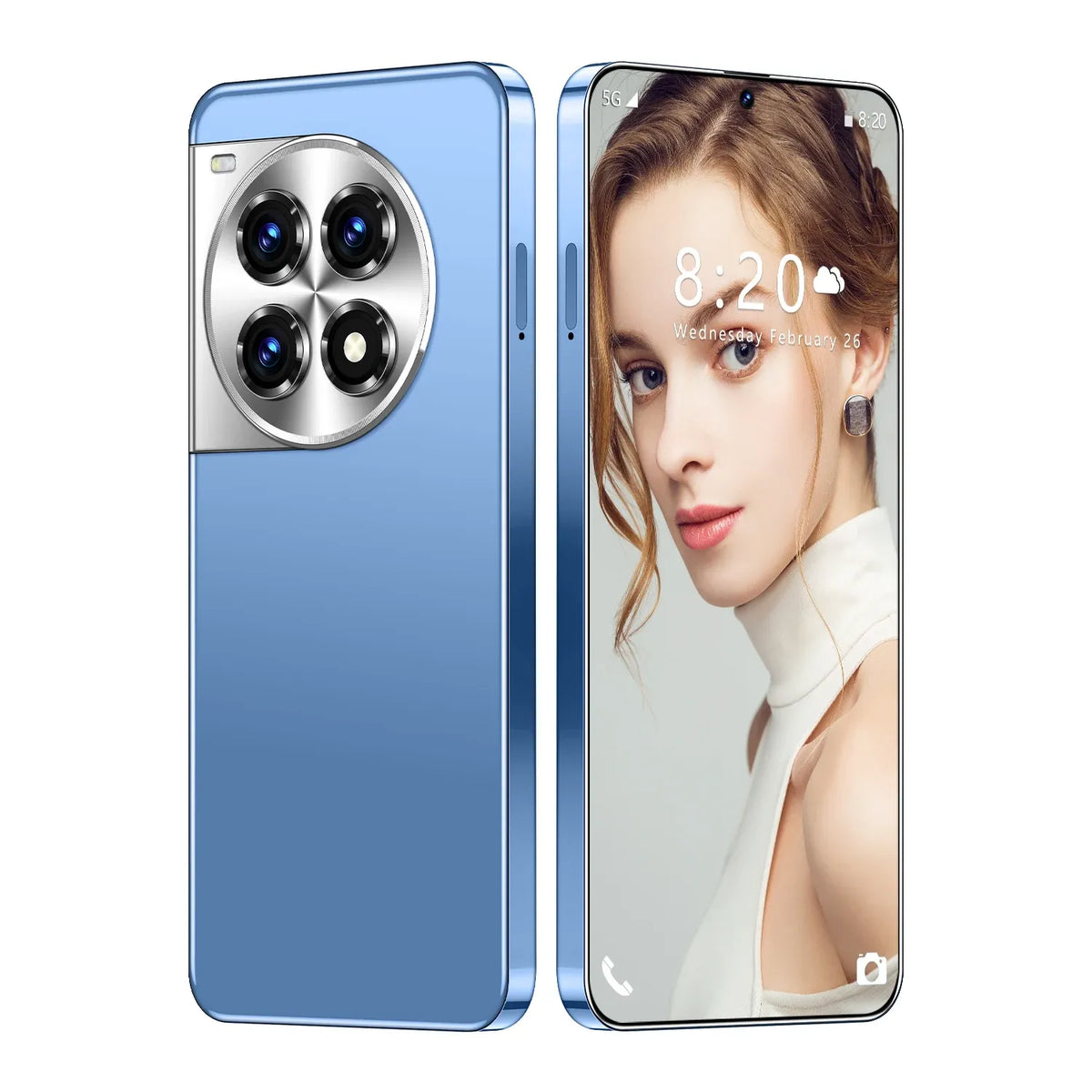 Smartphone pair: blue back and front with quad rear camera module; portrait display