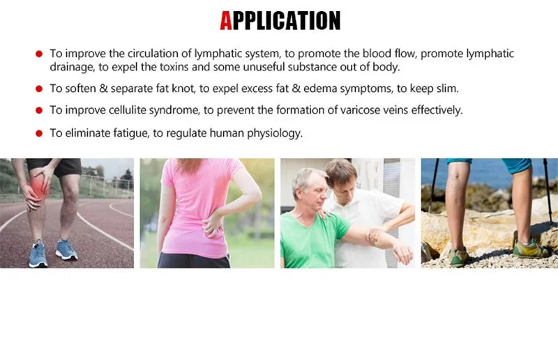 Text explaining health benefits of massage for lymphatic drainage, circulation, cellulite, and muscle fatigue relief.