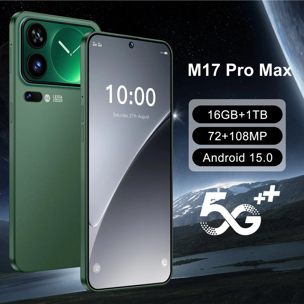 Tidesmit M17 Pro Max 5G smartphone with 108MP camera, 16GB RAM, 1TB storage in sleek premium finish.