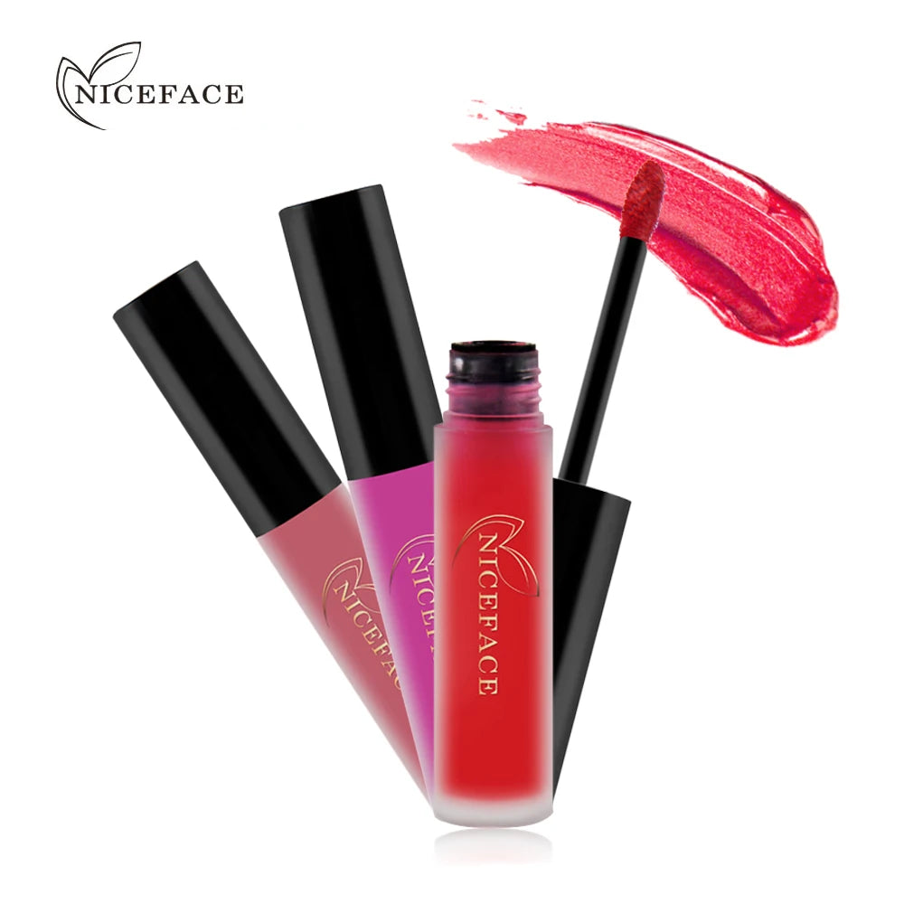 NICEFACE waterproof velvet matte liquid lipstick set in nude, pink, and red shades with applicator and pigment swatch.