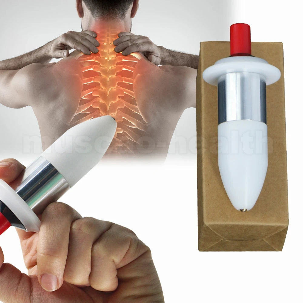 Portable trigger point muscle relaxation tool, white and silver handheld massage device for back pain relief.