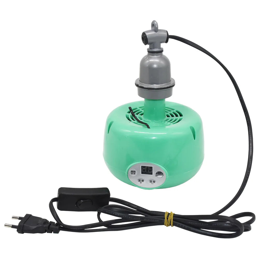 Green 300W thermostatic pet heating lamp with digital temperature controller for chicken coops and reptile enclosures.