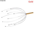 Gold octopus scalp massager with wire claws for head stress relief, pain relief, and stimulating blood circulation.