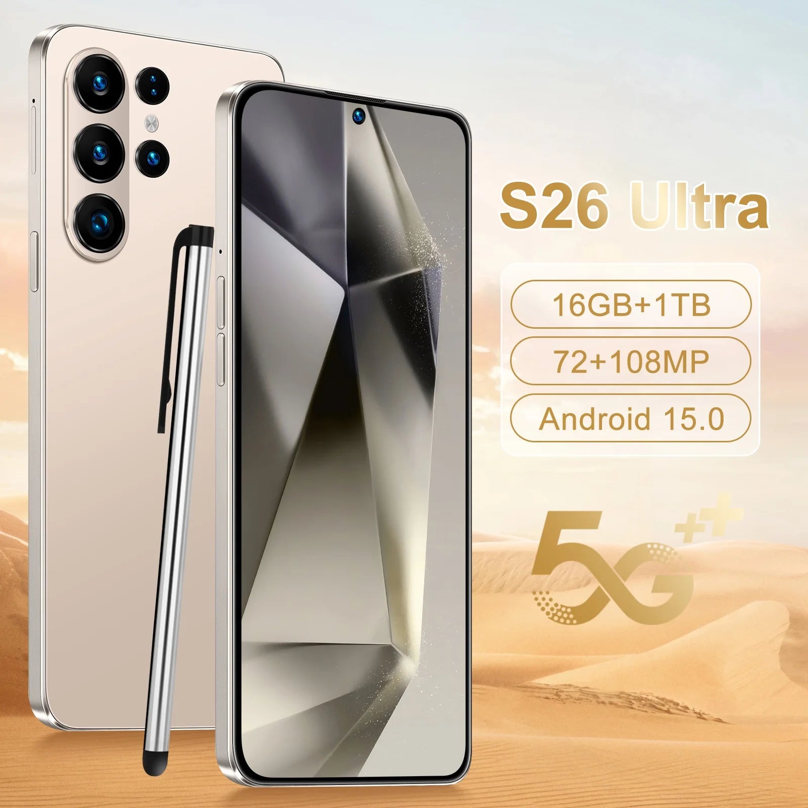 S26 Ultra 5G Smartphone 16GB RAM 1TB Storage AMOLED Display Gold 16g 1TB Tidesmit