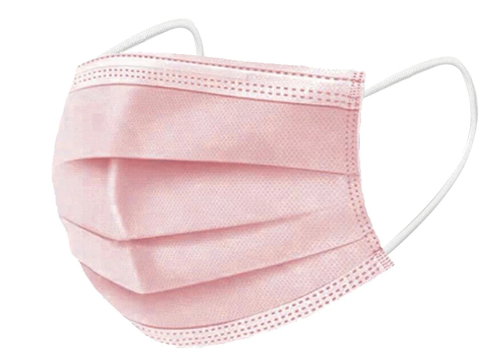 Pink 3-layer disposable face mask, non-woven meltblown fabric, anti-dust protection with white elastic ear loops.