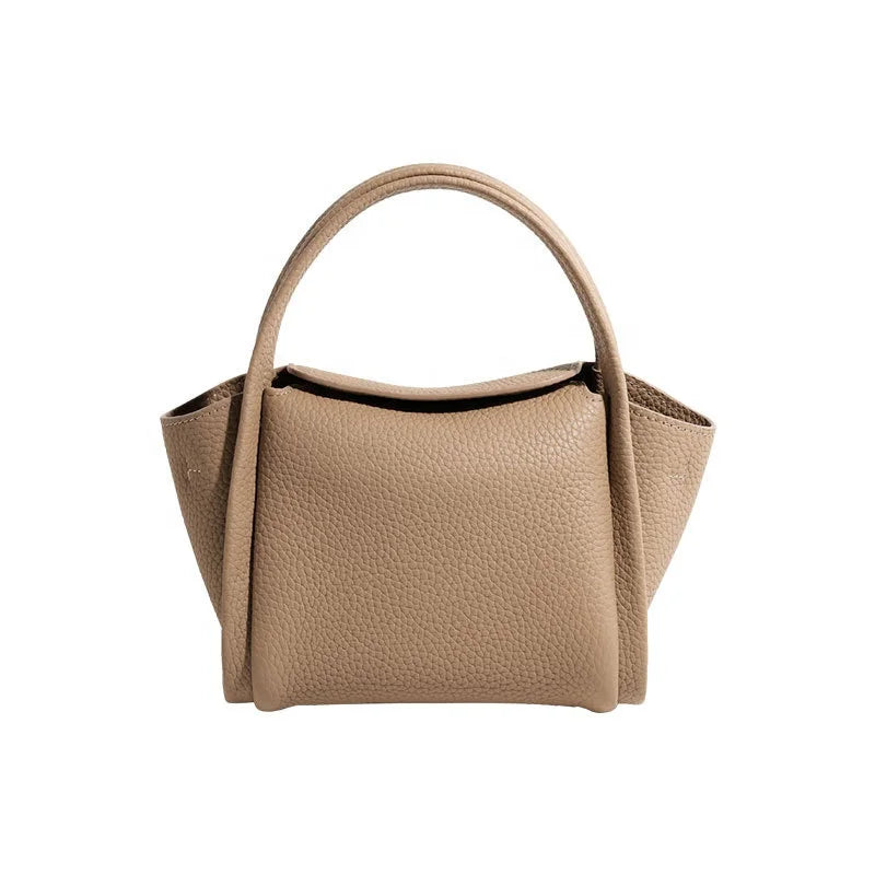 Taupe pebble leather designer handbag, classic yuanbao top handle purse for women, casual crossbody style.