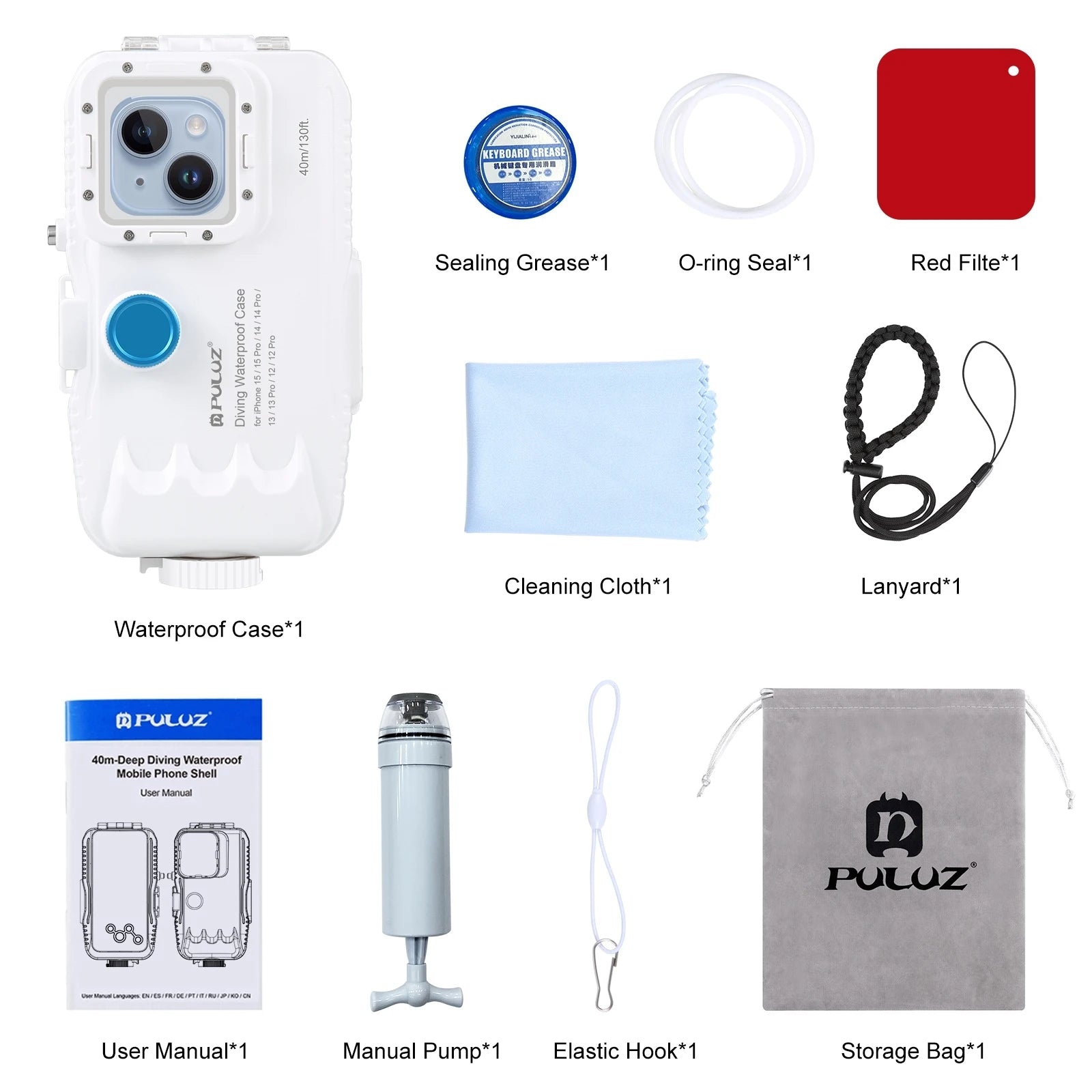 PULUZ 40m Photo Video Underwater Housing Cover Waterproof PC Diving Phone Case for iPhone White Lanyard Mobile Phone Accessories iPhone 15 15 Pro 14 14 Pro 13 13 Pro 12 12pro PVC box Tidesmit