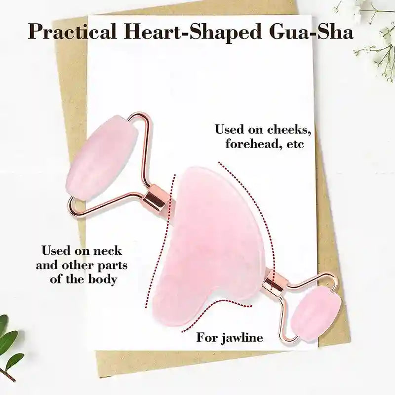Rose Quartz Face Roller and Gua Sha Set - Premium Facial Massage Tool Massage Roller Tidesmit