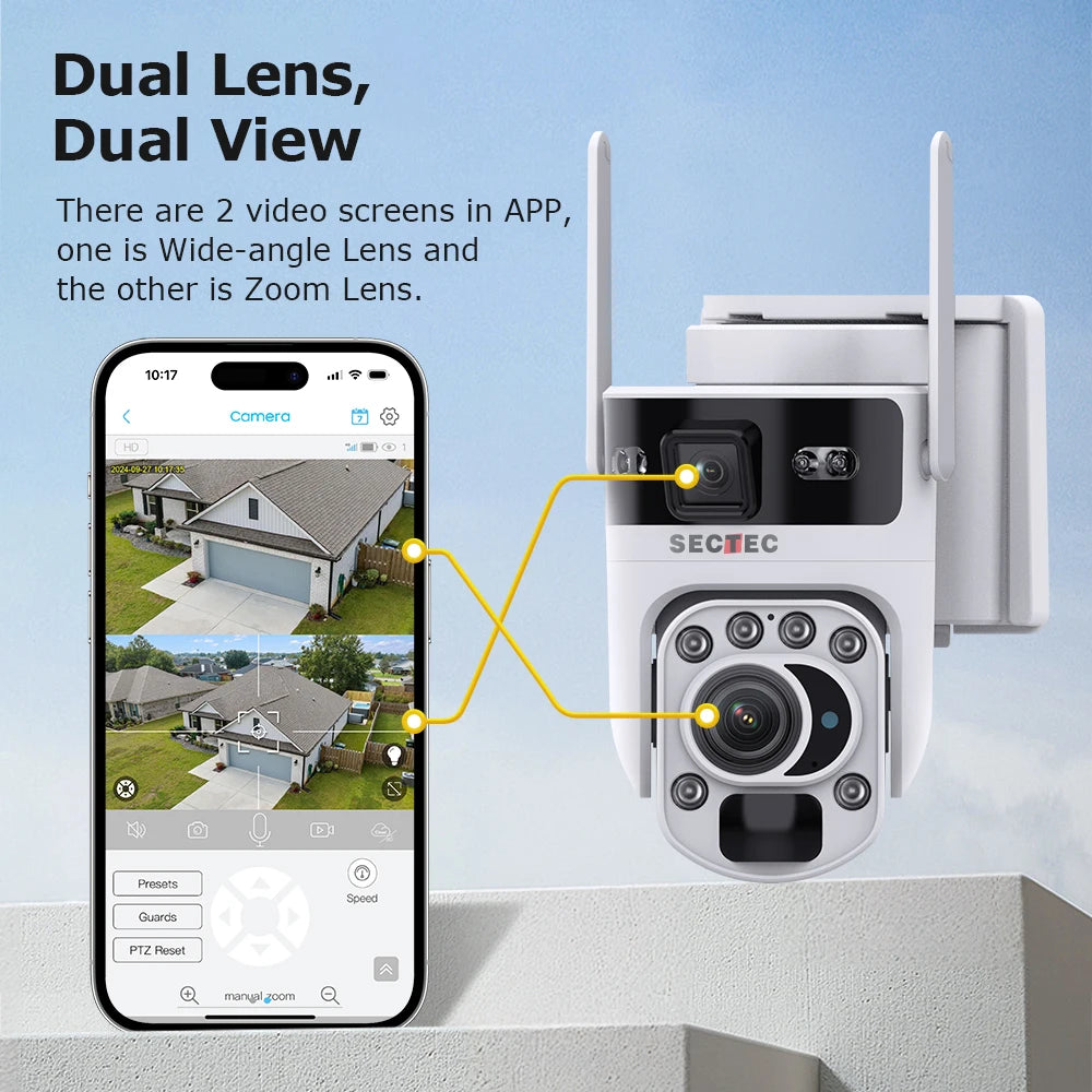 Sectec 8MP 4G/Wifi Optical Zoom Solar Camera Dual Lens 4K 99X Zoom PIR Human Tracking Night Vision Color Security PTZ Camera Tidesmit