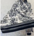 Luxury black and white toile de jouy print silk scarf with striped border and fringe trim, rectangular shape.