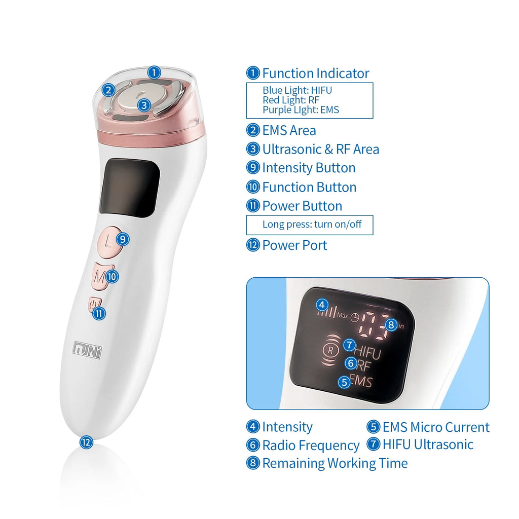 White and rose gold handheld facial skin tightening device with digital display, buttons, and numbered feature callouts.