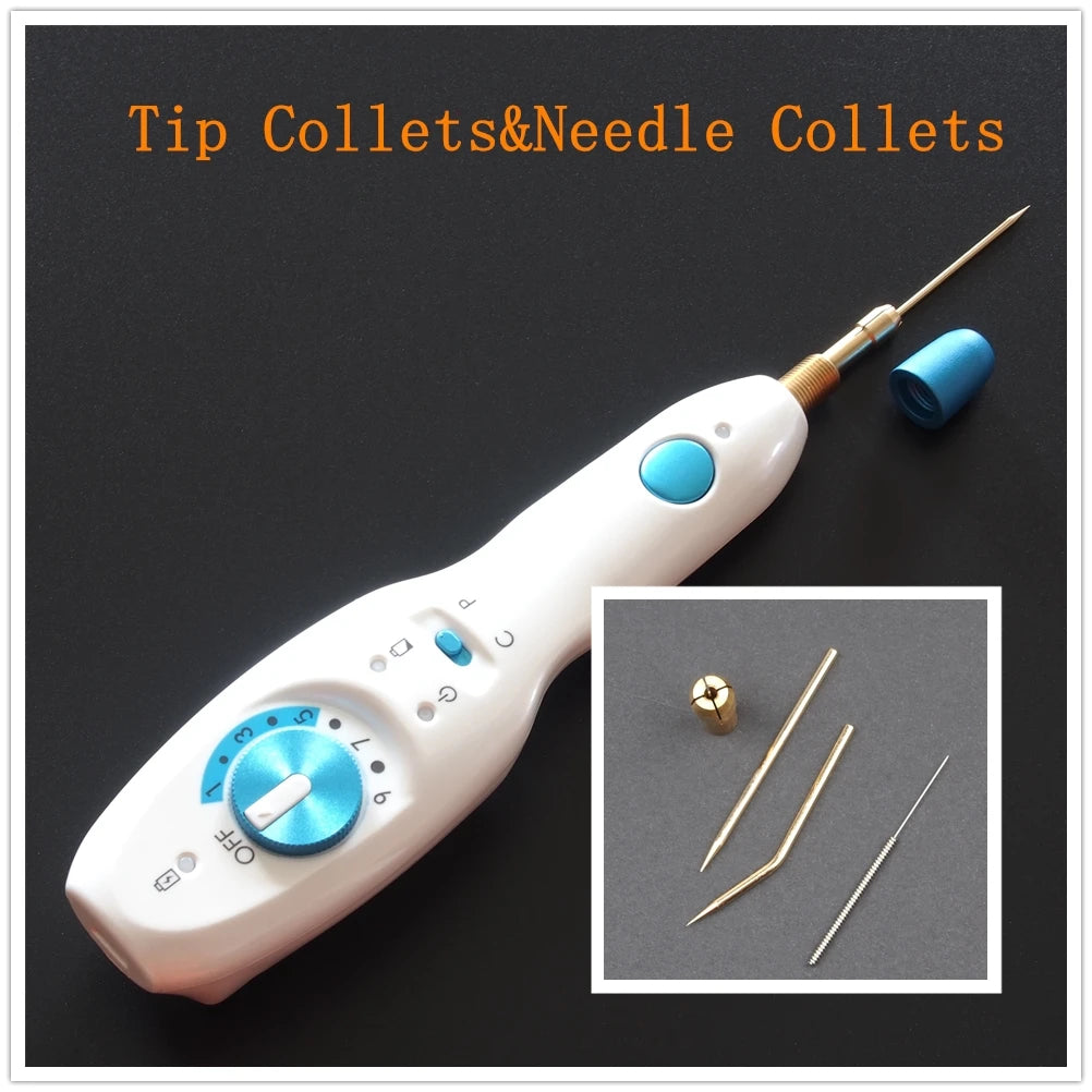 Wireless Plamax fibroblast cold plasma pen for acne and skin tag removal, showing brass collets and needle attachments.