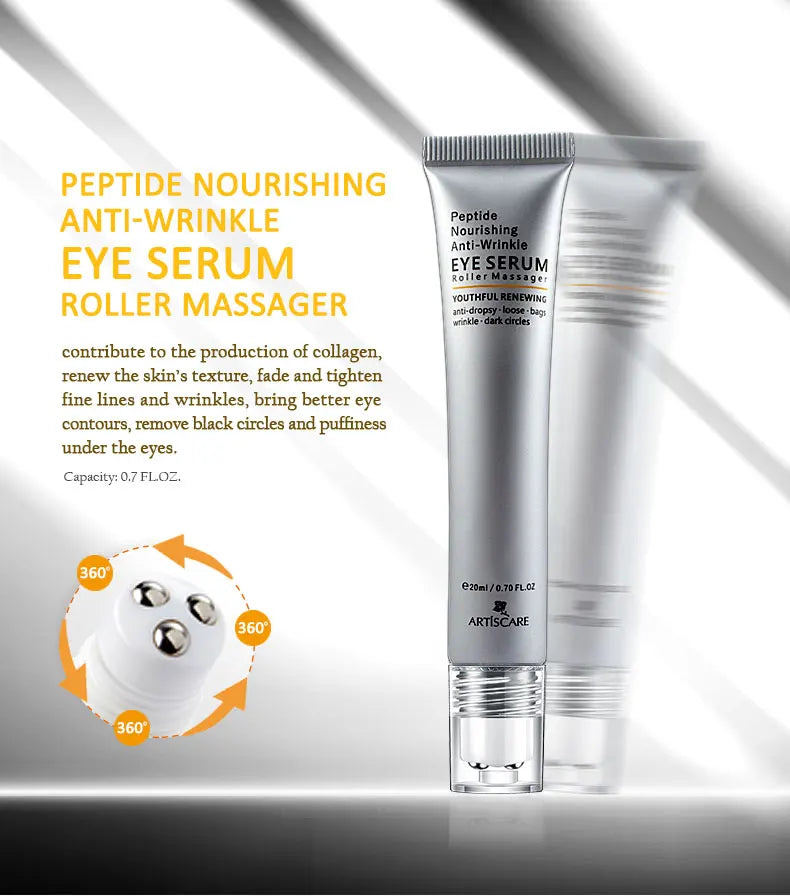 Silver 0.7 fl oz tube of peptide eye serum with a three-ball rotating applicator for massage and wrinkle reduction.